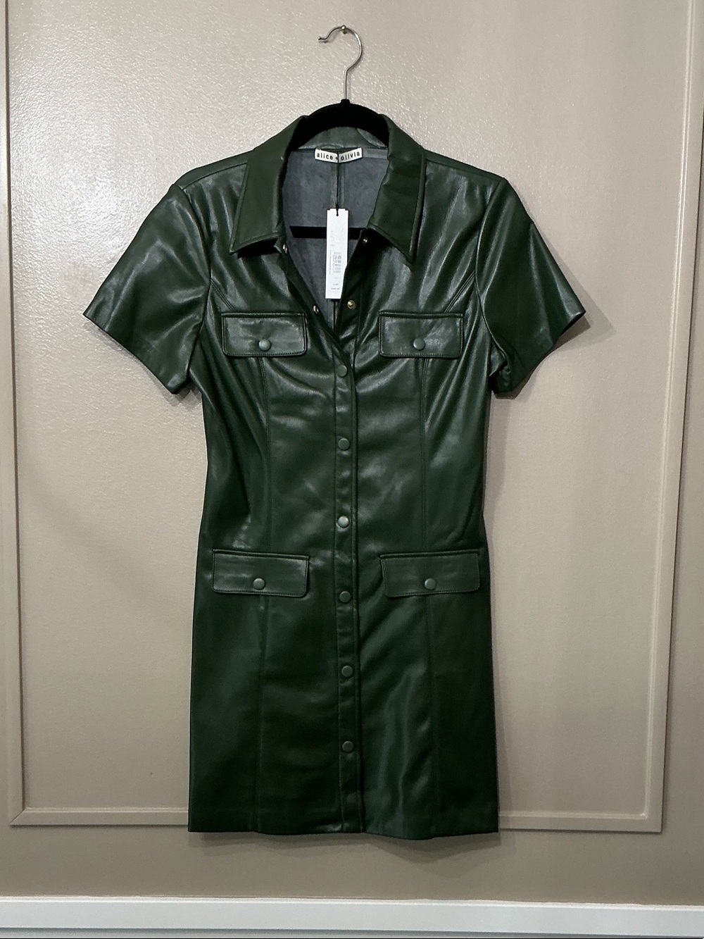 Alice + Olivia Dark Green Faux Leather Button Mini Dress